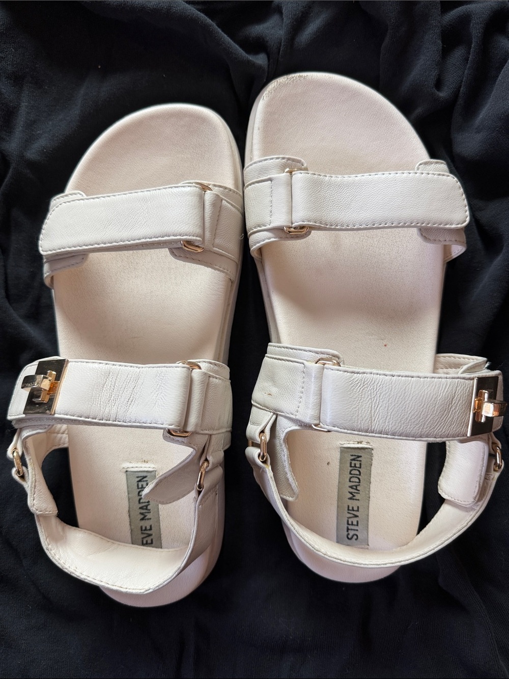Steve Madden White Velcro Platform Sandals with Gold Accent